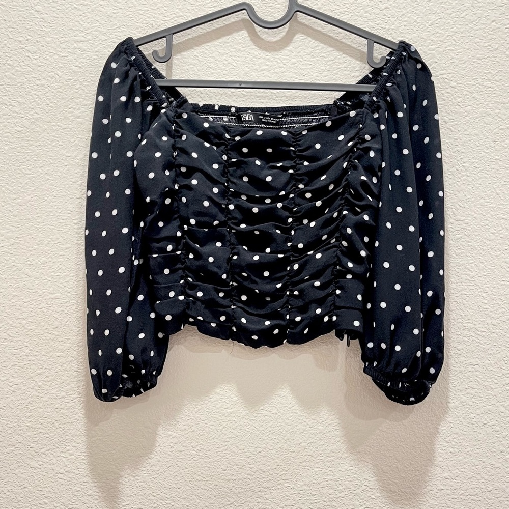 Pre-loved! ZARA Black Polka Dot Smocked Back Cinched Front Blouse!